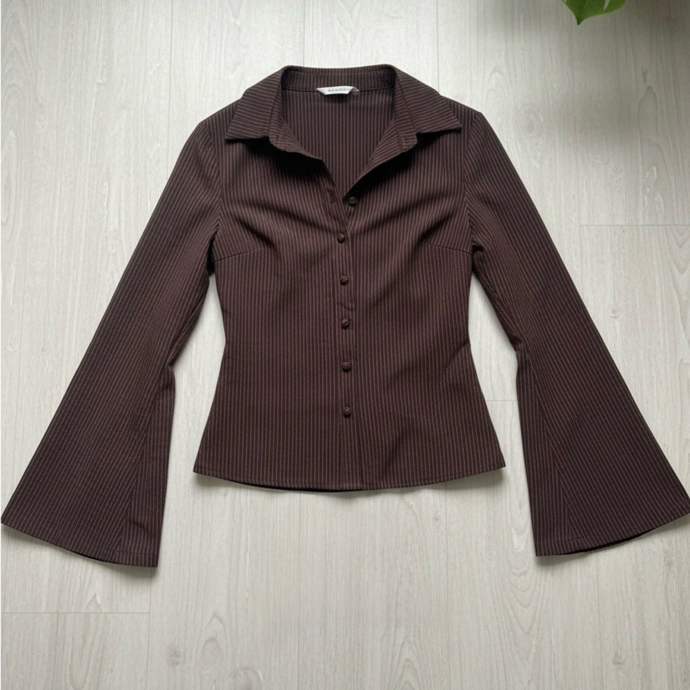 Princess Polly Anni Brown Pinstripe Bell Sleeve Button Down Shirt 8 Office Siren